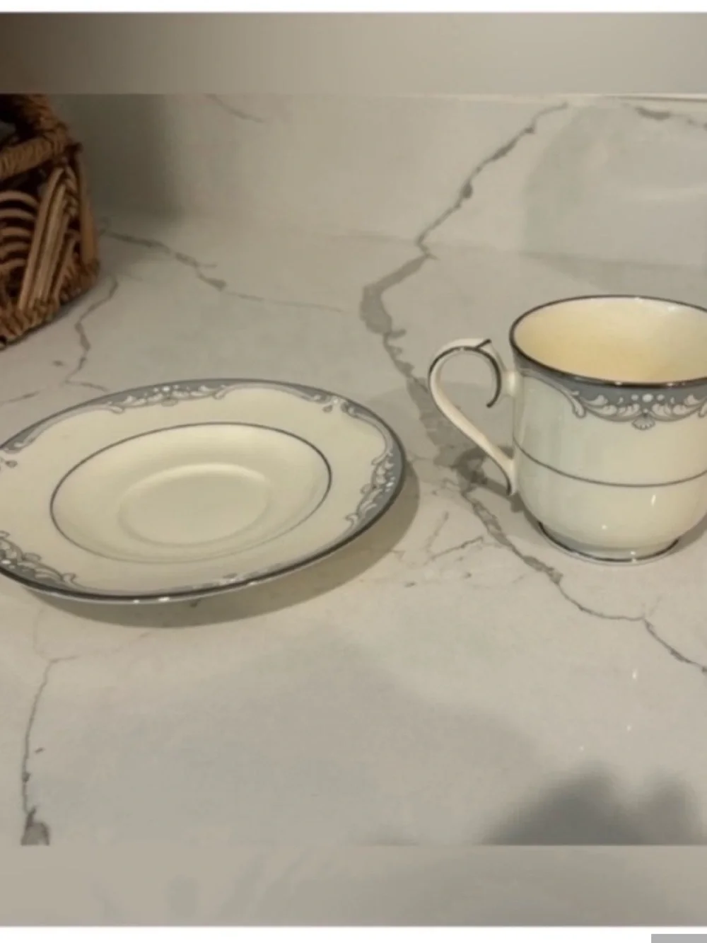 Vintage Noritake Cousteau Bone China Teacup and Saucer Set Off White Grey Japan